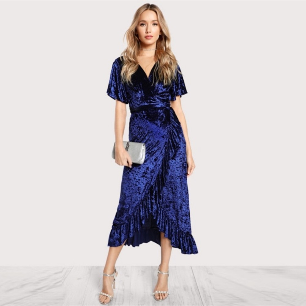 Crushed Velvet Blue Wrap Dress